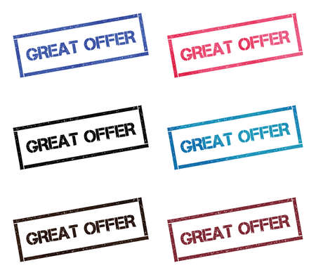 Great offer rectangular stamp collection. Textured seals with text isolated on white backgound. Stamps in turquoise, red, blue, black and sepia colors. Colourful watercolor style vector illustration.のイラスト素材
