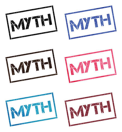 Myth rectangular stamp collection. Textured seals with text isolated on white backgound. Stamps in turquoise, red, blue, black and sepia colors. Colourful watercolor style vector illustration.のイラスト素材
