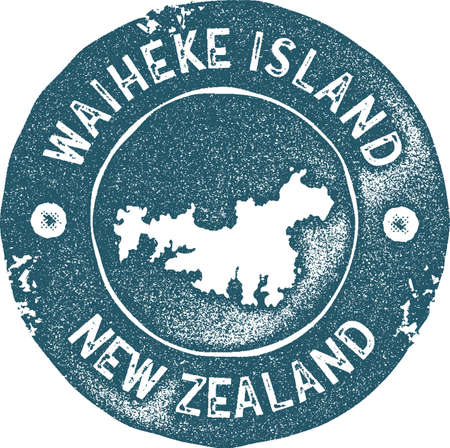 Waiheke Island map vintage stamp. Retro style handmade label, badge or element for travel souvenirs. Blue rubber stamp with island map silhouette. Vector illustration.のイラスト素材