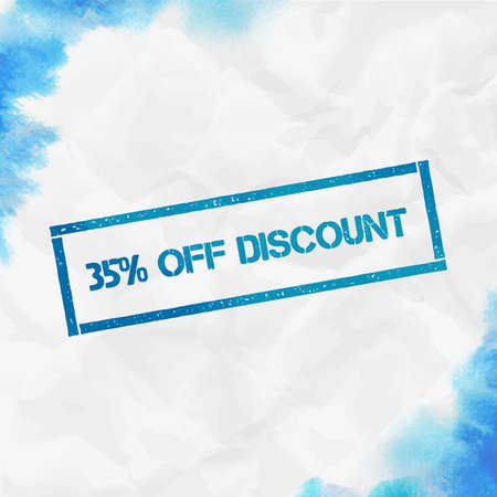 35% off discount rectangular stamp. Textured turquoise seal with text, watercolor style. Vector illustration.のイラスト素材