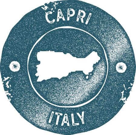 Capri map vintage stamp. Retro style handmade label, badge or element for travel souvenirs. Blue rubber stamp with island map silhouette. Vector illustration.のイラスト素材