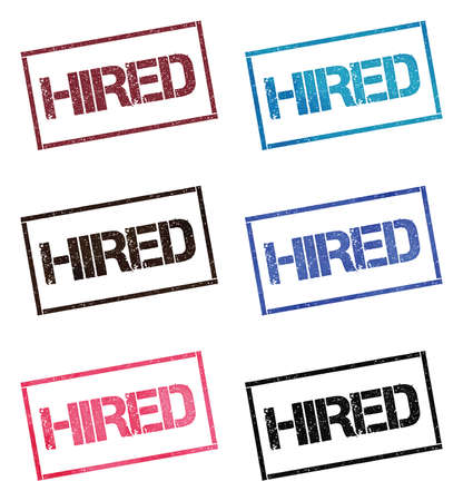 Hired rectangular stamp collection. Textured seals with text isolated on white backgound. Stamps in turquoise, red, blue, black and sepia colors. Colourful watercolor style vector illustration.のイラスト素材