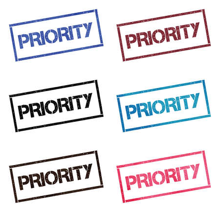 Priority rectangular stamp collection. Textured seals with text isolated on white backgound. Stamps in turquoise, red, blue, black and sepia colors. Colourful watercolor style vector illustration.のイラスト素材