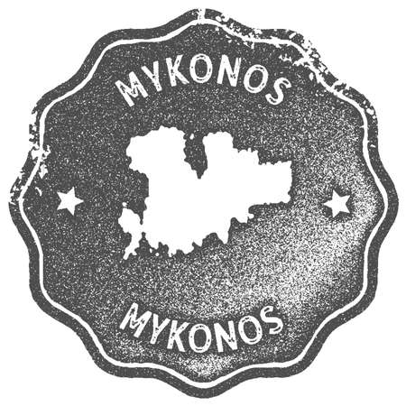 Mykonos map vintage stamp. Retro style handmade label, badge or element for travel souvenirs. Grey rubber stamp with island map silhouette. Vector illustration.のイラスト素材