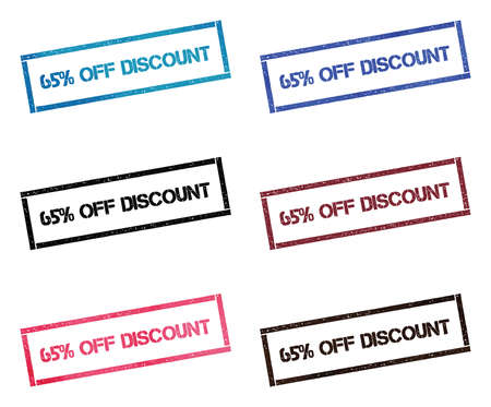 65% off discount rectangular stamp collection. Textured seals with text isolated on white backgound. Stamps in turquoise, red, blue, black and sepia colors.のイラスト素材