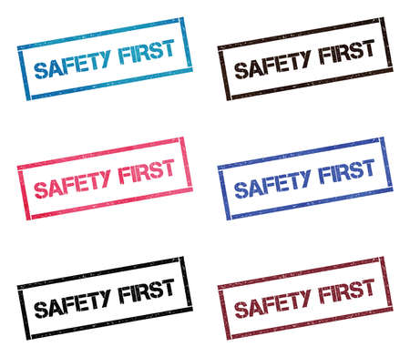 Safety first rectangular stamp collection. Textured seals with text isolated on white backgound. Stamps in turquoise, red, blue, black and sepia colors. Colourful watercolor style vector illustration.のイラスト素材