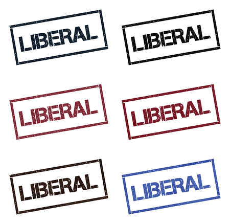 Liberal rectangular stamp collection. Textured seals with text isolated on white backgound. Stamps in turquoise, red, blue, black and sepia colors. Colourful watercolor style vector illustration.のイラスト素材