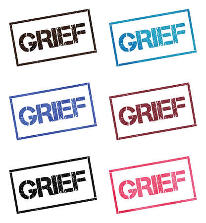 Grief rectangular stamp collection. Textured seals with text isolated on white backgound. Stamps in turquoise, red, blue, black and sepia colors. Colourful watercolor style vector illustration.のイラスト素材