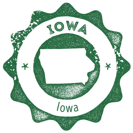 Iowa map vintage stamp. Retro style handmade label, badge or element for travel souvenirs. Dark green rubber stamp with us state map silhouette. Vector illustration.のイラスト素材