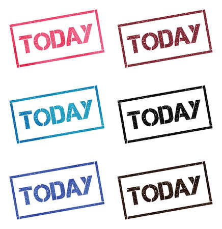 Today rectangular stamp collection. Textured seals with text isolated on white backgound. Stamps in turquoise, red, blue, black and sepia colors. Colourful watercolor style vector illustration.のイラスト素材