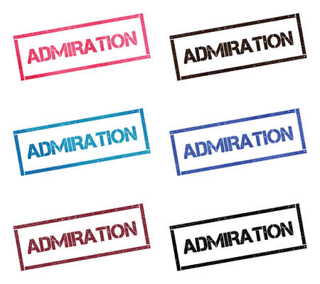 ADMIRATION rectangular stamp collection. Textured seals with text isolated on white backgound. Stamps in turquoise, red, blue, black and sepia colors. Colourful watercolor style vector illustration.のイラスト素材