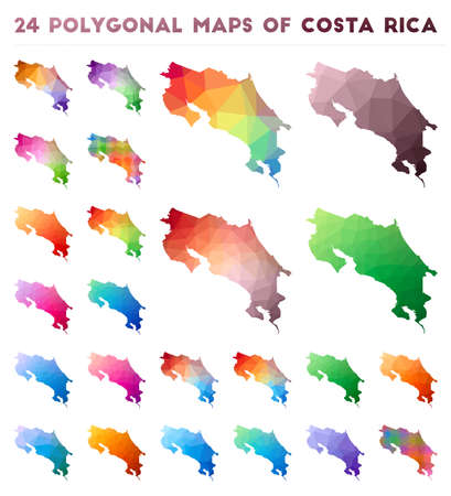 Set of vector polygonal maps of Costa Rica. Bright gradient map of country in low poly style. Multicolored Costa Rica map in geometric style for your infographics.のイラスト素材
