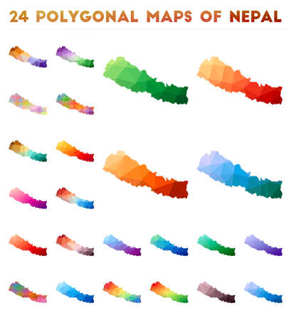 Set of vector polygonal maps of Nepal. Bright gradient map of country in low poly style. Multicolored Nepal map in geometric style for your infographics.のイラスト素材