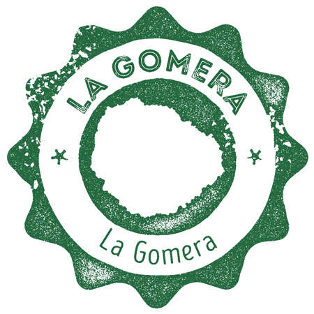 La Gomera map vintage stamp. Retro style handmade label, badge or element for travel souvenirs. Dark green rubber stamp with island map silhouette. Vector illustration.のイラスト素材
