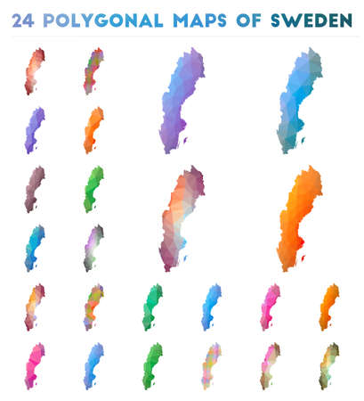 Set of vector polygonal maps of Sweden. Bright gradient map of country in low poly style. Multicolored Sweden map in geometric style for your infographics.のイラスト素材