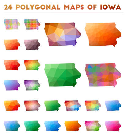 Set of vector polygonal maps of Iowa. Bright gradient map of us state in low poly style. Multicolored Iowa map in geometric style for your infographics.のイラスト素材