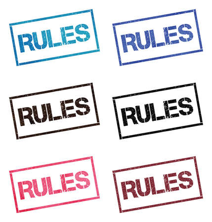Rules rectangular stamp collection. Textured seals with text isolated on white backgound. Stamps in turquoise, red, blue, black and sepia colors. Colourful watercolor style vector illustration.のイラスト素材