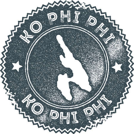 Ko Phi Phi map vintage stamp. Retro style handmade label, badge or element for travel souvenirs. Dark blue rubber stamp with island map silhouette. Vector illustration.のイラスト素材