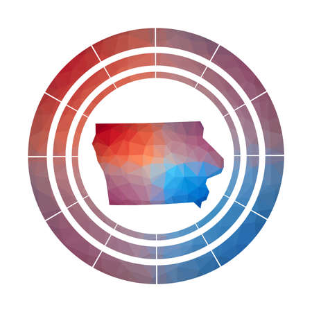 Iowa badge. Bright gradient  of us state in low poly style. Multicolored Iowa rounded sign with map in geometric style for your infographics.のイラスト素材