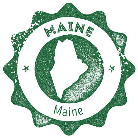 Maine map vintage stamp. Retro style handmade label, badge or element for travel souvenirs. Dark green rubber stamp with us state map silhouette. Vector illustration.のイラスト素材