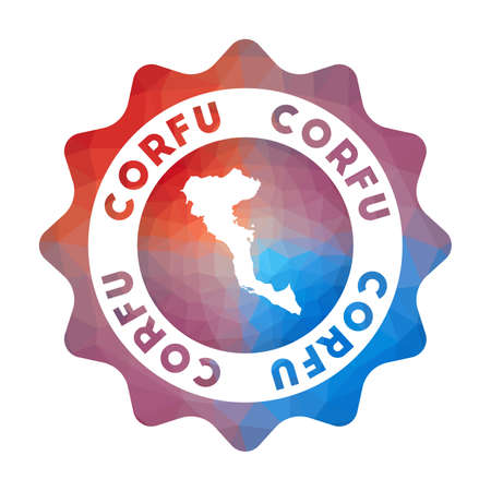 Corfu low poly  Colorful gradient travel of the island in geometric style. Multicolored polygonal Corfu rounded sign with map for your infographics.のイラスト素材