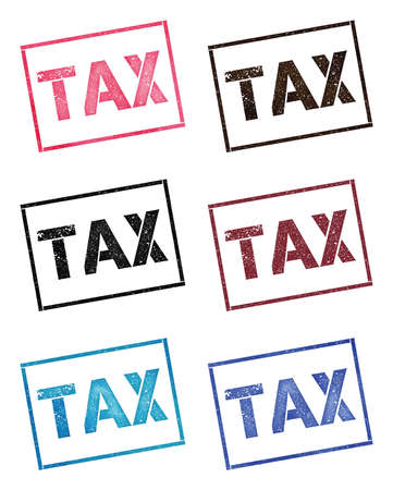 Tax rectangular stamp collection. Textured seals with text isolated on white backgound. Stamps in turquoise, red, blue, black and sepia colors. Colourful watercolor style vector illustration.のイラスト素材