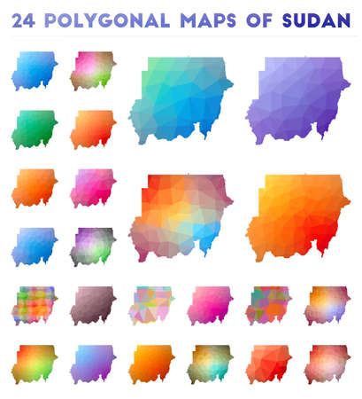 Set of vector polygonal maps of Sudan. Bright gradient map of country in low poly style. Multicolored Sudan map in geometric style for your infographics.のイラスト素材