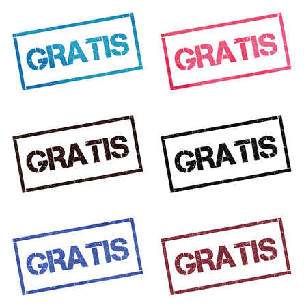 Gratis rectangular stamp collection. Textured seals with text isolated on white backgound. Stamps in turquoise, red, blue, black and sepia colors. Colourful watercolor style vector illustration.のイラスト素材