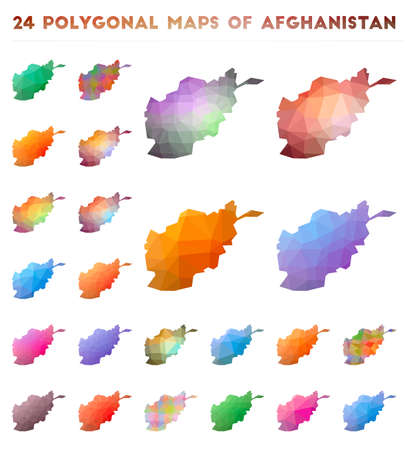 Set of vector polygonal maps of Afghanistan. Bright gradient map of country in low poly style. Multicolored Afghanistan map in geometric style for your infographics.のイラスト素材