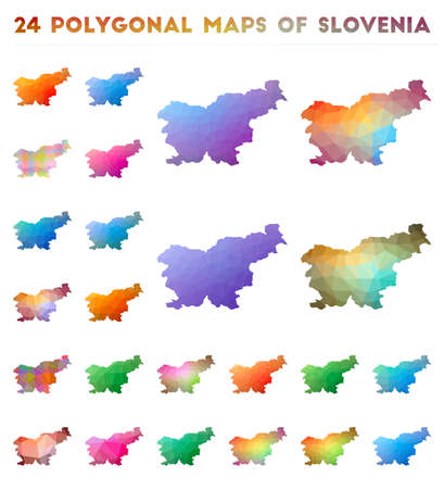 Set of vector polygonal maps of Slovenia. Bright gradient map of country in low poly style. Multicolored Slovenia map in geometric style for your infographics.のイラスト素材