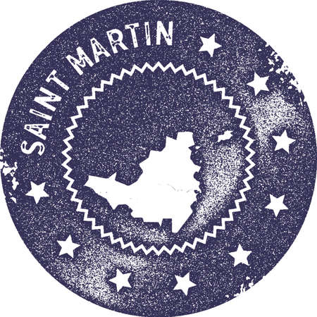 Saint Martin map vintage stamp. Retro style handmade label, badge or element for travel souvenirs. Deep purple rubber stamp with island map silhouette. Vector illustration.のイラスト素材