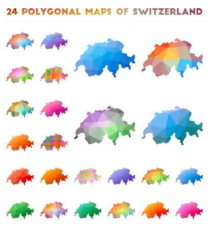 Set of vector polygonal maps of Switzerland. Bright gradient map of country in low poly style. Multicolored Switzerland map in geometric style for your infographics.のイラスト素材