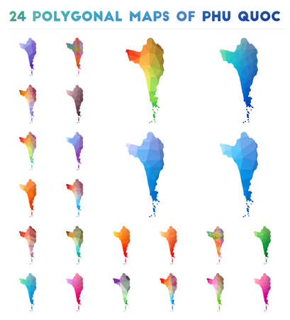 Set of vector polygonal maps of Phu Quoc. Bright gradient map of island in low poly style. Multicolored Phu Quoc map in geometric style for your infographics.のイラスト素材