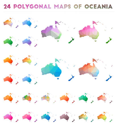 Set of vector polygonal maps of Oceania. Bright gradient map of continent in low poly style. Multicolored Oceania map in geometric style for your infographics.のイラスト素材