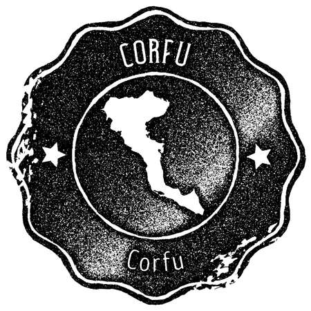 Corfu map vintage stamp. Retro style handmade label, badge or element for travel souvenirs. Black rubber stamp with island map silhouette. Vector illustration.のイラスト素材