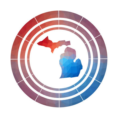 Michigan badge. Bright gradient logo of us state in low poly style. Multicolored Michigan rounded sign with map in geometric style for your infographics.のイラスト素材