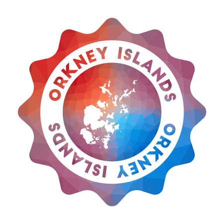 Orkney Islands low poly logo. Colorful gradient travel logo of the island in geometric style. Multicolored polygonal Orkney Islands rounded sign with map for your infographics.のイラスト素材