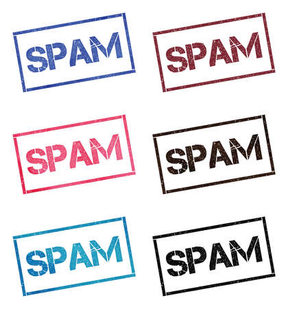 Spam rectangular stamp collection. Textured seals with text isolated on white backgound. Stamps in turquoise, red, blue, black and sepia colors. Colourful watercolor style vector illustration.のイラスト素材