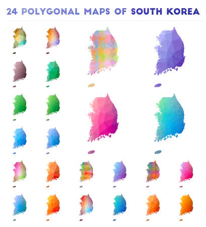 Set of vector polygonal maps of South Korea. Bright gradient map of country in low poly style. Multicolored South Korea map in geometric style for your infographics.のイラスト素材