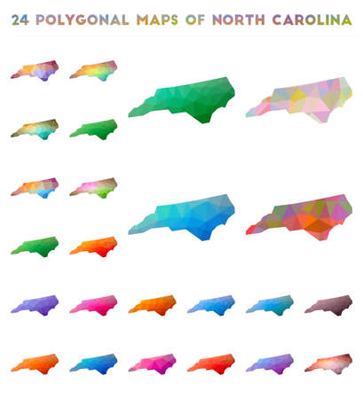 Set of vector polygonal maps of North Carolina. Bright gradient map of us state in low poly style. Multicolored North Carolina map in geometric style for your infographics.のイラスト素材