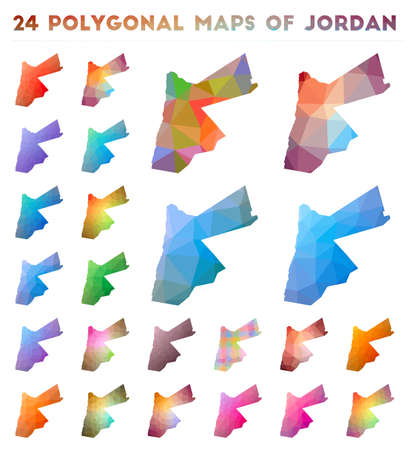 Set of vector polygonal maps of Jordan. Bright gradient map of country in low poly style. Multicolored Jordan map in geometric style for your infographics.のイラスト素材