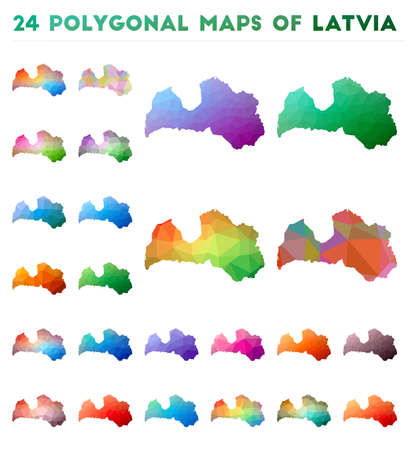 Set of vector polygonal maps of Latvia. Bright gradient map of country in low poly style. Multicolored Latvia map in geometric style for your infographics.のイラスト素材