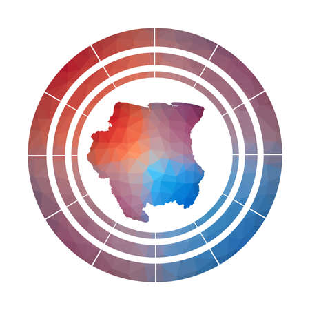 Suriname badge. Bright gradient logo of country in low poly style. Multicolored Suriname rounded sign with map in geometric style for your infographics.のイラスト素材