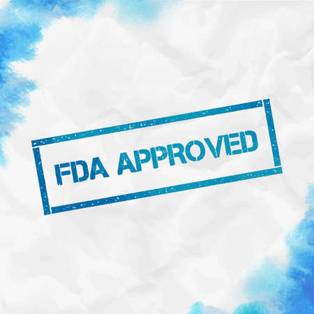 FDA Approved rectangular stamp. Textured turquoise seal with text, watercolor style. Vector illustration.のイラスト素材