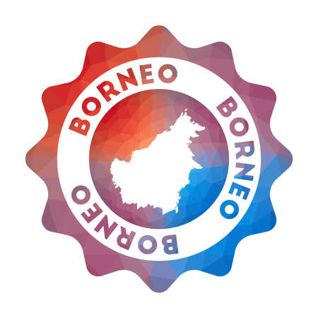 Borneo low poly logo. Colorful gradient travel logo of the island in geometric style. Multicolored polygonal Borneo rounded sign with map for your infographics.のイラスト素材