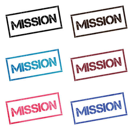 Mission rectangular stamp collection. Textured seals with text isolated on white backgound. Stamps in turquoise, red, blue, black and sepia colors. Colourful watercolor style vector illustration.のイラスト素材