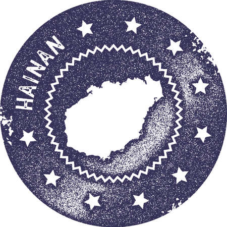 Hainan map vintage stamp. Retro style handmade label, badge or element for travel souvenirs. Deep purple rubber stamp with island map silhouette. Vector illustration.のイラスト素材
