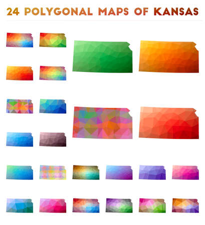 Set of vector polygonal maps of Kansas. Bright gradient map of us state in low poly style. Multicolored Kansas map in geometric style for your infographics.のイラスト素材