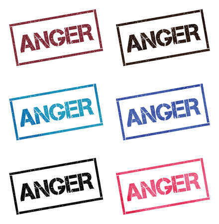 Anger rectangular stamp collection. Textured seals with text isolated on white backgound. Stamps in turquoise, red, blue, black and sepia colors. Colourful watercolor style vector illustration.のイラスト素材