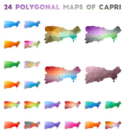 Set of vector polygonal maps of Capri. Bright gradient map of island in low poly style. Multicolored Capri map in geometric style for your infographics.のイラスト素材